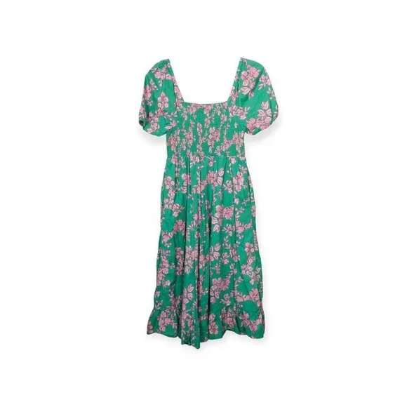 J.Crew Floral Puff Sleeve Smocked Cotton Midi Dress SZ S Green Boho Cottage Core - Picture 2 of 9